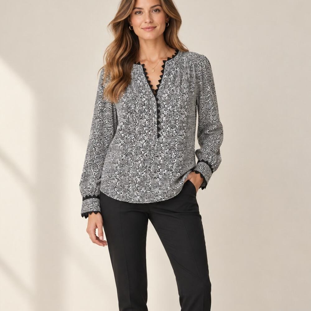 Rungolee Tuckernuck Silk Blouse Black White Print Scallop Trim XS
